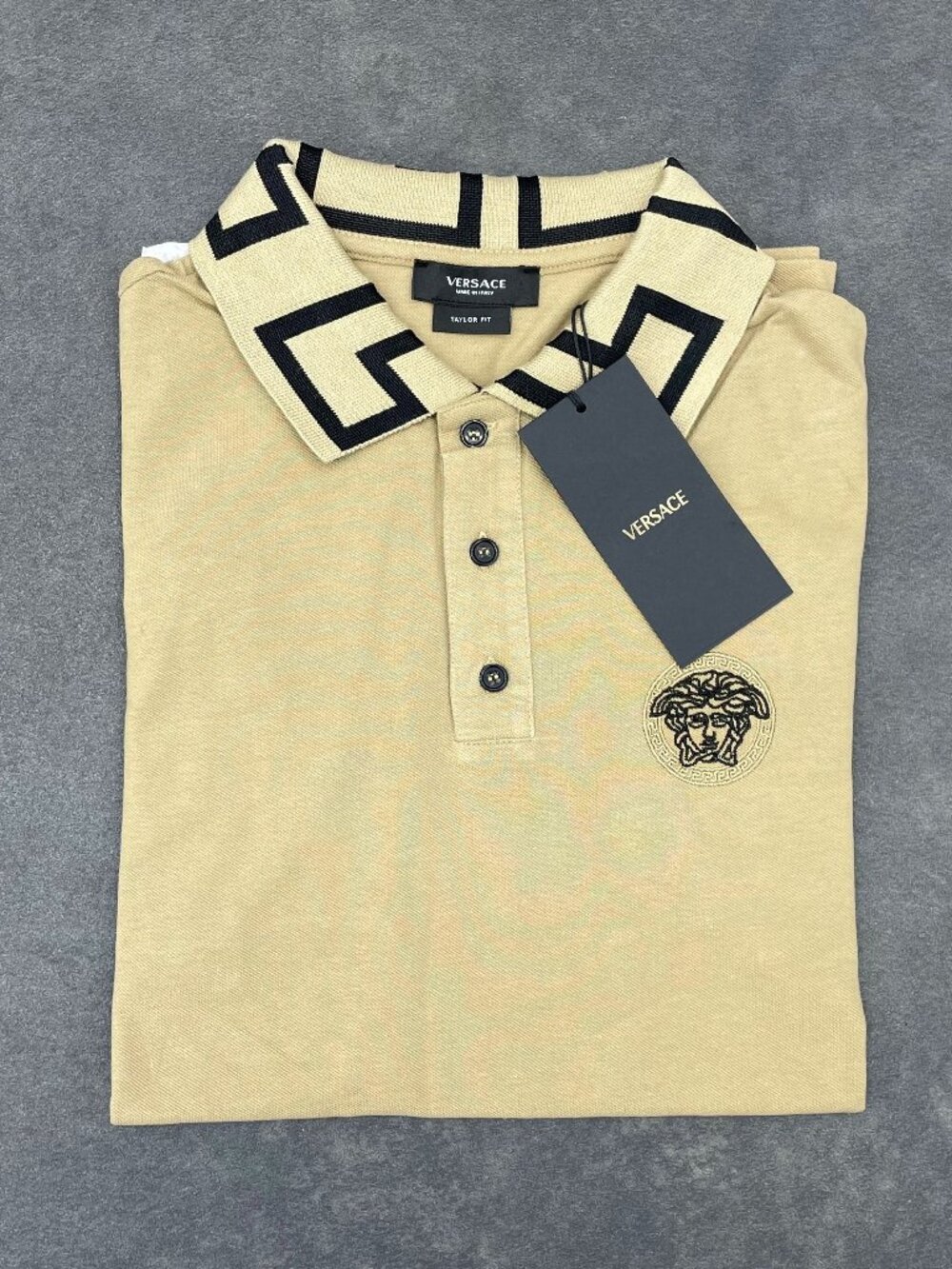 Versace Menโs Beige Medusa Polo Shirt Tailor Fit- Size Large
